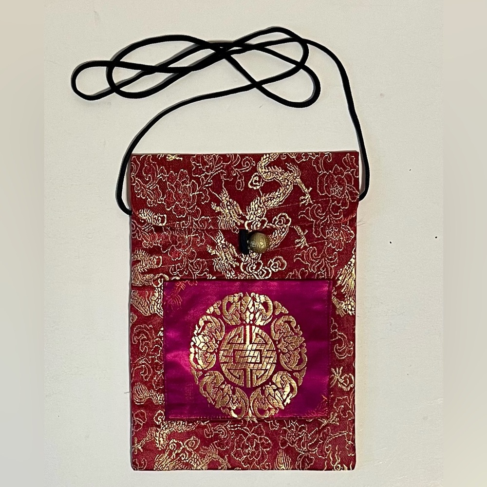 Chinese Silk Brocade Embroidered Purse Bag Shoulder Strap Red/Gold